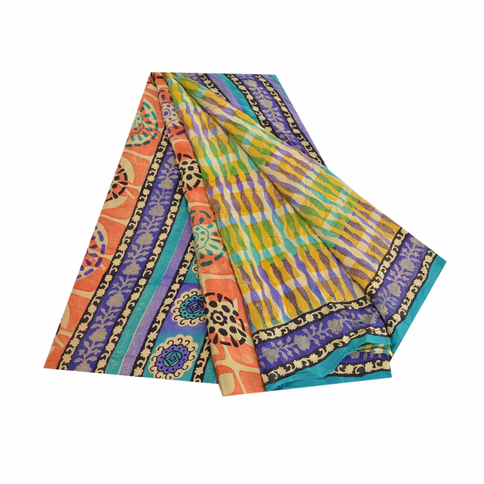 Sanskriti Vintage Multi Indian Sarees Pure Crepe Silk Printed Sari Craft Fabric, PRC-16350 image 7