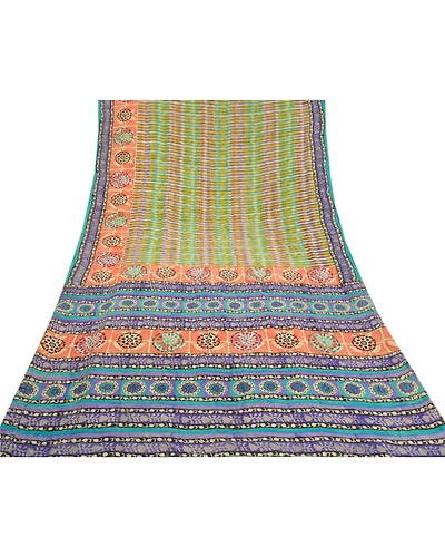 Sanskriti Vintage Multi Indian Sarees Pure Crepe Silk Printed Sari Craft Fabric, PRC-16350-Multi-Printed Floral Design-Pure Crepe Silk-8