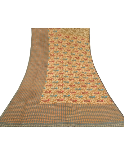 Sanskriti Vintage Green Ari Embroidered Sarees Pure Crepe Silk Sari Craft Fabric, PRC-16362-Green-Printed Floral Design-Pure Crepe Silk-8