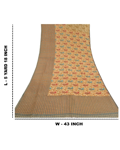 Sanskriti Vintage Green Ari Embroidered Sarees Pure Crepe Silk Sari Craft Fabric, PRC-16362-Green-Printed Floral Design-Pure Crepe Silk-9