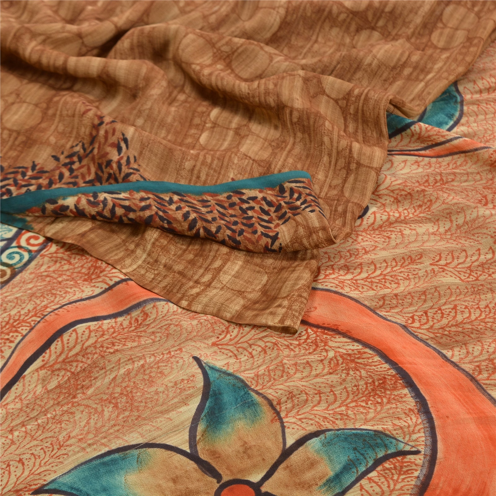 Sanskriti Vintage Brown Printed Sarees Pure Crepe Silk Sari Floral Craft Fabric, PRC-16365 image 1