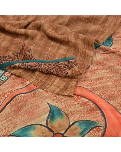 Sanskriti Vintage Brown Printed Sarees Pure Crepe Silk Sari Floral Craft Fabric, PRC-16365-Brown-Printed Floral Design-Pure Crepe Silk-1