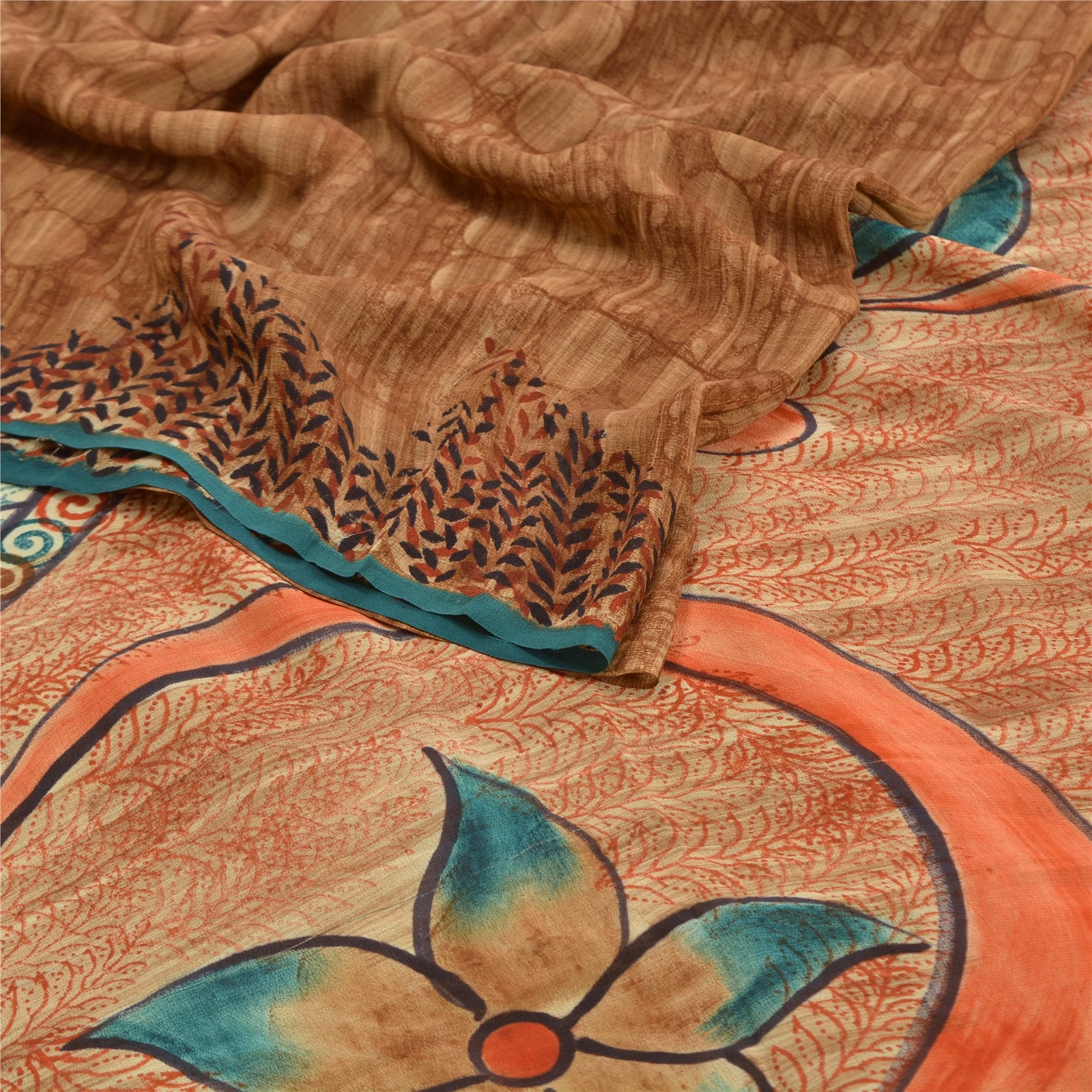 Sanskriti Vintage Brown Printed Sarees Pure Crepe Silk Sari Floral Craft Fabric, PRC-16365 image 2