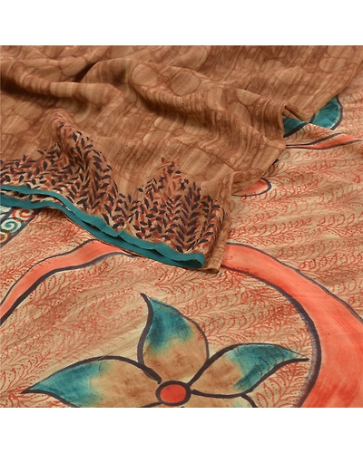 Sanskriti Vintage Brown Printed Sarees Pure Crepe Silk Sari Floral Craft Fabric, PRC-16365-Brown-Printed Floral Design-Pure Crepe Silk-2