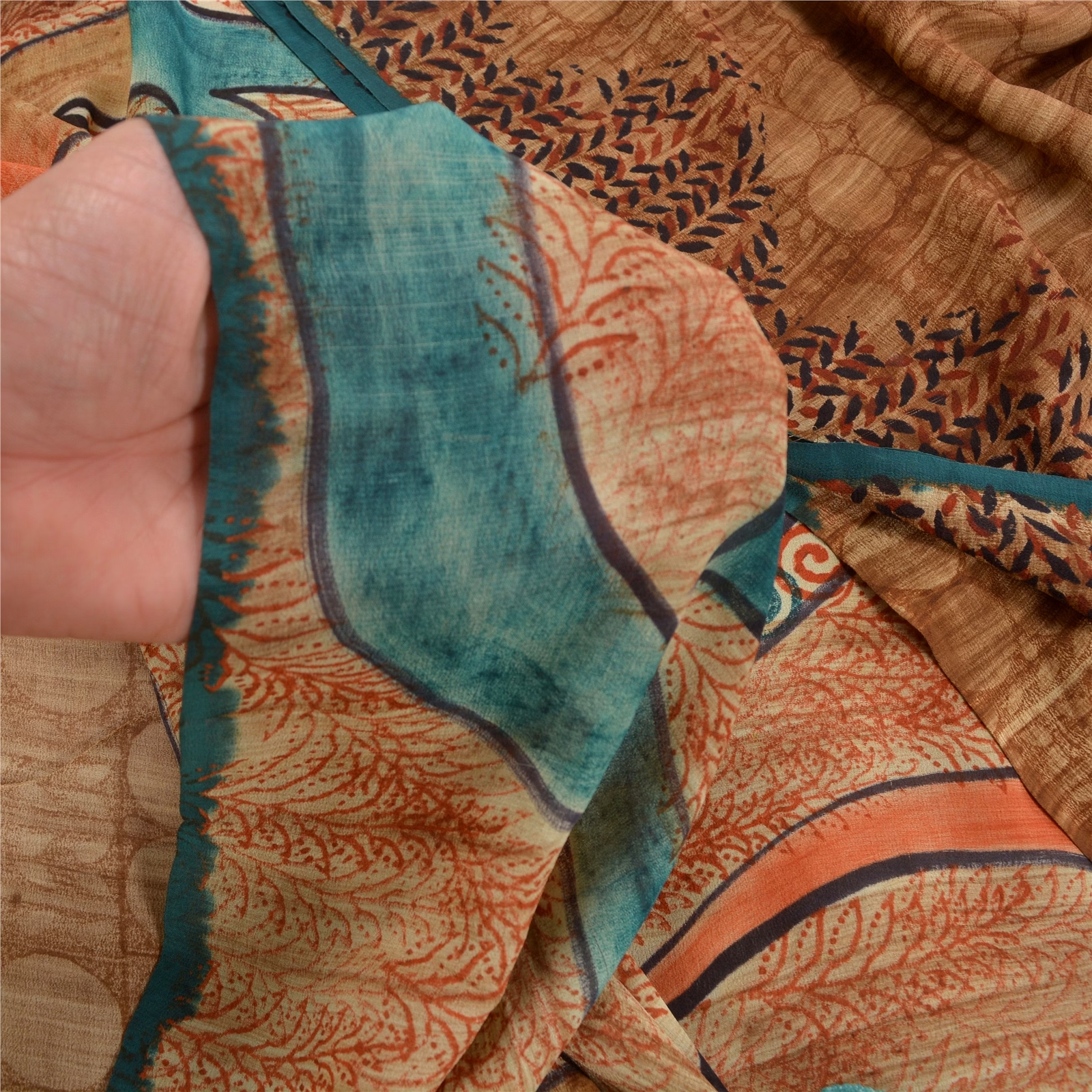 Sanskriti Vintage Brown Printed Sarees Pure Crepe Silk Sari Floral Craft Fabric, PRC-16365 image 3