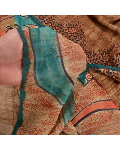 Sanskriti Vintage Brown Printed Sarees Pure Crepe Silk Sari Floral Craft Fabric, PRC-16365-Brown-Printed Floral Design-Pure Crepe Silk-3