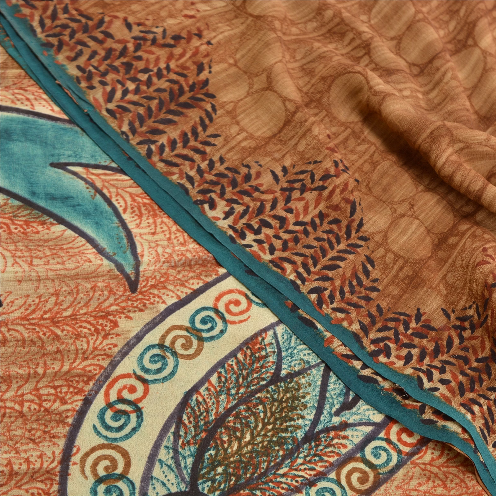 Sanskriti Vintage Brown Printed Sarees Pure Crepe Silk Sari Floral Craft Fabric, PRC-16365 image 5
