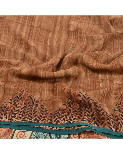 Sanskriti Vintage Brown Printed Sarees Pure Crepe Silk Sari Floral Craft Fabric, PRC-16365-Brown-Printed Floral Design-Pure Crepe Silk-6