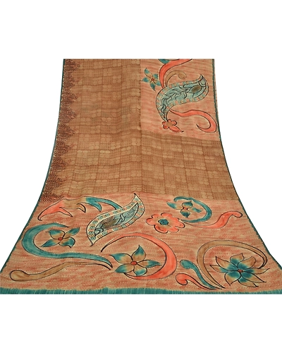 Sanskriti Vintage Brown Printed Sarees Pure Crepe Silk Sari Floral Craft Fabric, PRC-16365-Brown-Printed Floral Design-Pure Crepe Silk-8