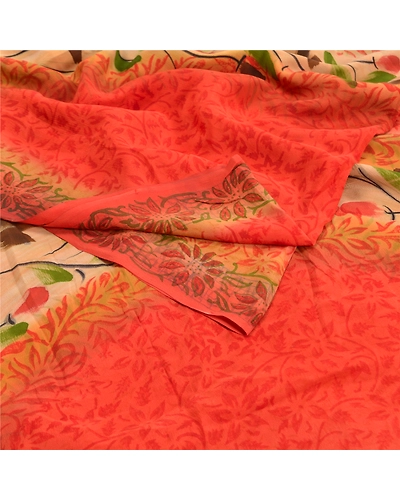 Sanskriti Vintage Orange Sarees 100% Pure Crepe Silk Printed Sari Craft Fabric, PRC-16394-Orange-Printed Floral Design-Pure Crepe Silk-1