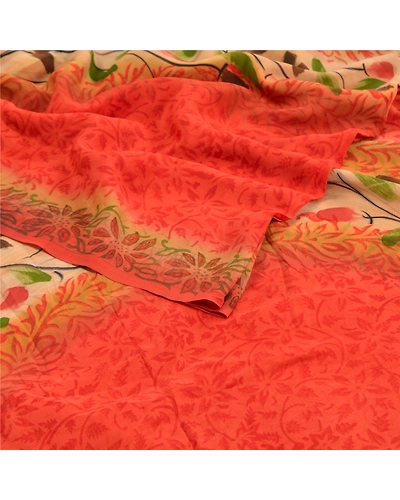 Sanskriti Vintage Orange Sarees 100% Pure Crepe Silk Printed Sari Craft Fabric, PRC-16394-Orange-Printed Floral Design-Pure Crepe Silk-2