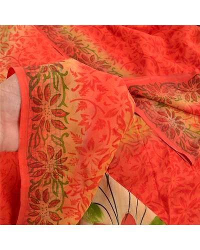 Sanskriti Vintage Orange Sarees 100% Pure Crepe Silk Printed Sari Craft Fabric, PRC-16394-Orange-Printed Floral Design-Pure Crepe Silk-3