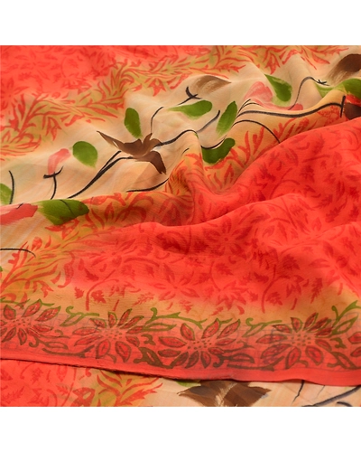 Sanskriti Vintage Orange Sarees 100% Pure Crepe Silk Printed Sari Craft Fabric, PRC-16394-Orange-Printed Floral Design-Pure Crepe Silk-6