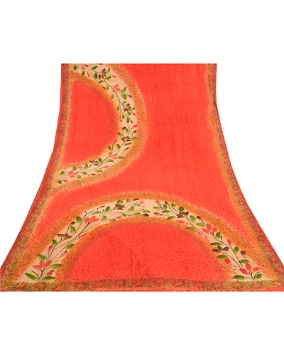 Sanskriti Vintage Orange Sarees 100% Pure Crepe Silk Printed Sari Craft Fabric, PRC-16394-Orange-Printed Floral Design-Pure Crepe Silk-8