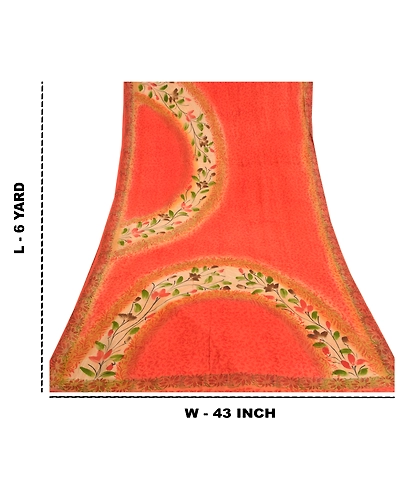 Sanskriti Vintage Orange Sarees 100% Pure Crepe Silk Printed Sari Craft Fabric, PRC-16394-Orange-Printed Floral Design-Pure Crepe Silk-9