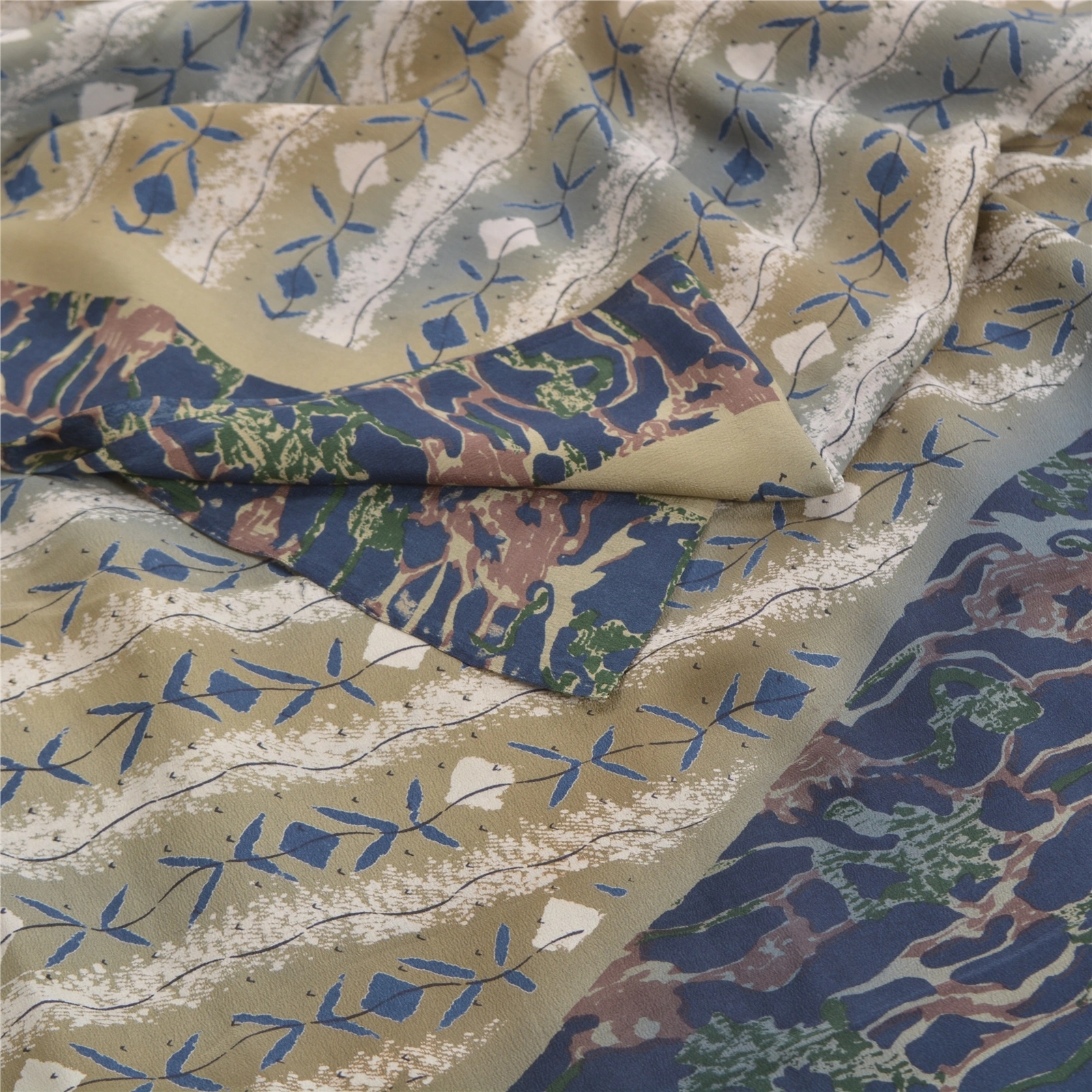 Sanskriti Vintage Blue Printed Sarees Pure Crepe Silk Sari Soft 5Yd Craft Fabric, PRC-16397-Blue-Printed Floral Design-Pure Crepe Silk-1