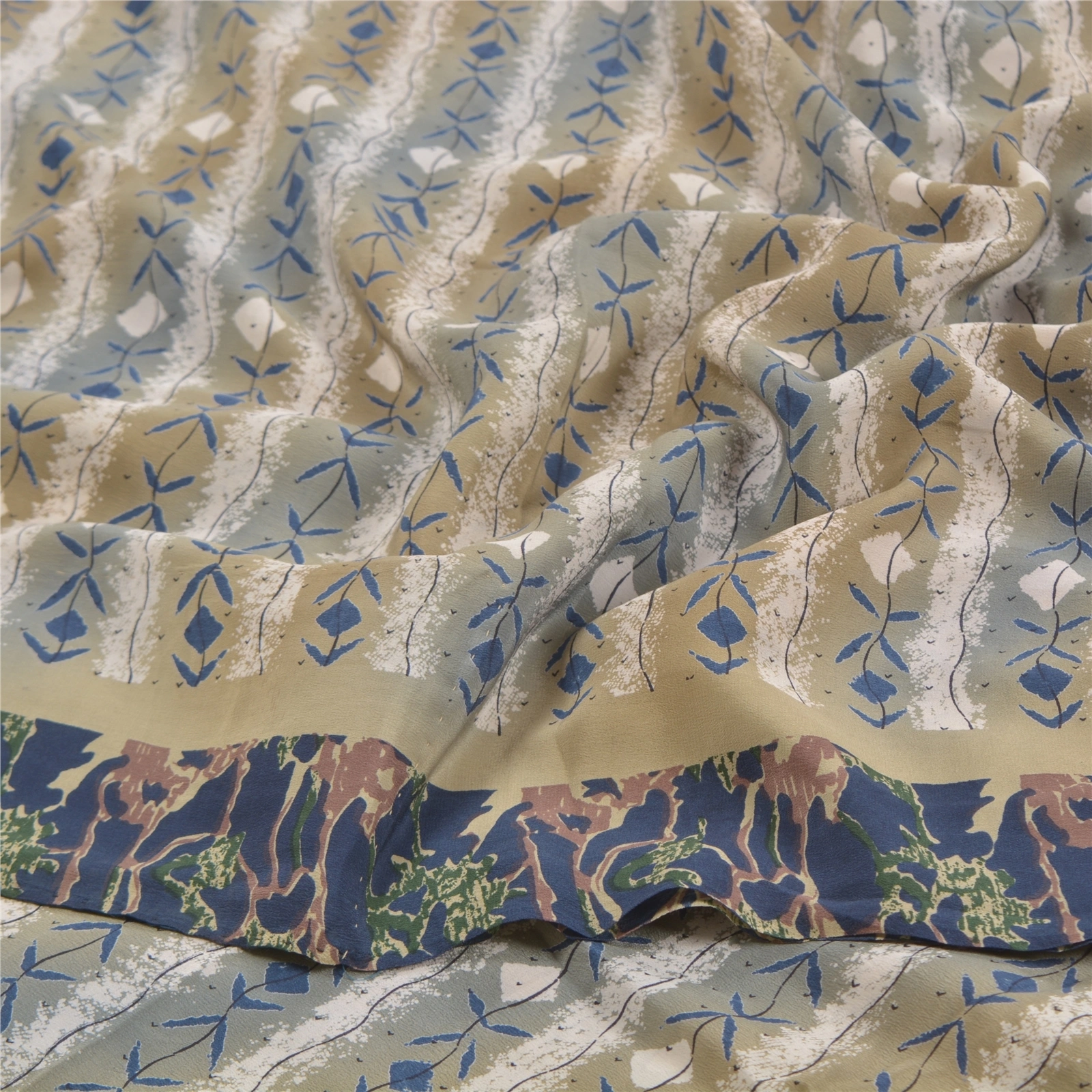 Sanskriti Vintage Blue Printed Sarees Pure Crepe Silk Sari Soft 5Yd Craft Fabric, PRC-16397-Blue-Printed Floral Design-Pure Crepe Silk-6