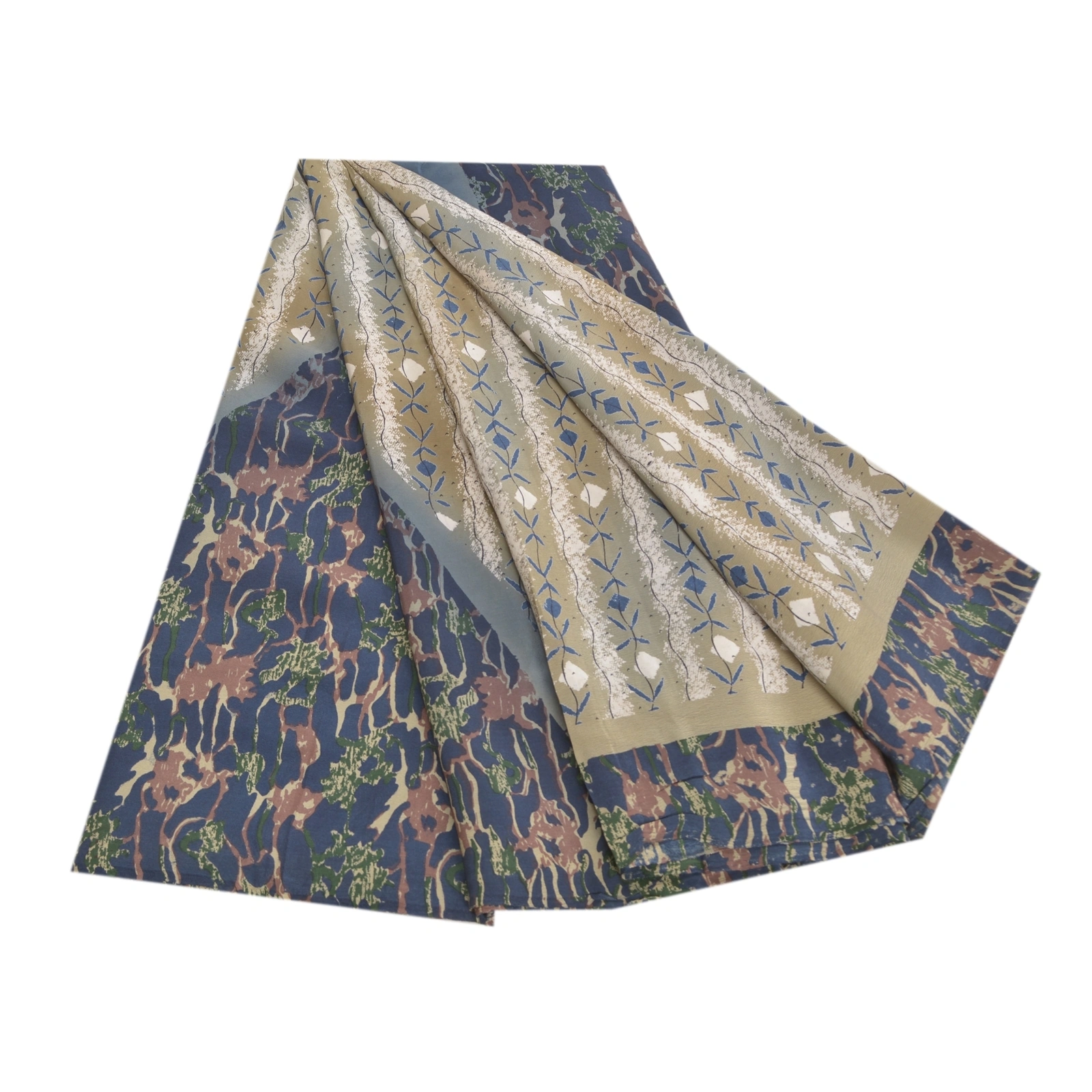 Sanskriti Vintage Blue Printed Sarees Pure Crepe Silk Sari Soft 5Yd Craft Fabric, PRC-16397-Blue-Printed Floral Design-Pure Crepe Silk-7