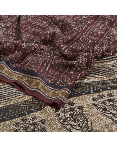 Sanskriti Vintage Dark Red Printed Sarees Pure Crepe Silk Sari 5Yd Craft Fabric, PRC-16435-Dark Red-Printed Floral Design-Pure Crepe Silk-1