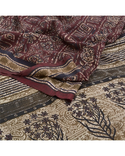 Sanskriti Vintage Dark Red Printed Sarees Pure Crepe Silk Sari 5Yd Craft Fabric, PRC-16435-Dark Red-Printed Floral Design-Pure Crepe Silk-2