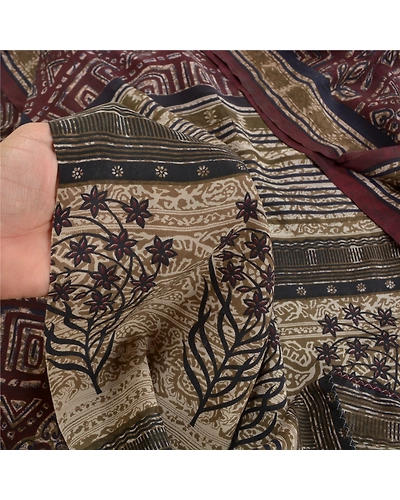 Sanskriti Vintage Dark Red Printed Sarees Pure Crepe Silk Sari 5Yd Craft Fabric, PRC-16435-Dark Red-Printed Floral Design-Pure Crepe Silk-3