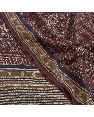 Sanskriti Vintage Dark Red Printed Sarees Pure Crepe Silk Sari 5Yd Craft Fabric, PRC-16435-Dark Red-Printed Floral Design-Pure Crepe Silk-5