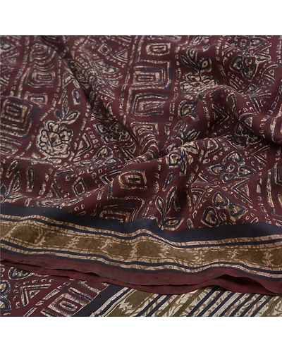 Sanskriti Vintage Dark Red Printed Sarees Pure Crepe Silk Sari 5Yd Craft Fabric, PRC-16435-Dark Red-Printed Floral Design-Pure Crepe Silk-6
