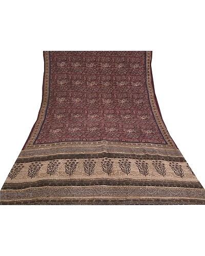 Sanskriti Vintage Dark Red Printed Sarees Pure Crepe Silk Sari 5Yd Craft Fabric, PRC-16435-Dark Red-Printed Floral Design-Pure Crepe Silk-8