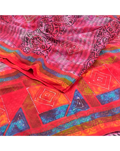 Sanskriti Vintage Red Indian Tie-Dye Sarees Pure Crepe Silk Sari Craft Fabric, PRC-16437-Red-Printed Floral Design-Pure Crepe Silk-1