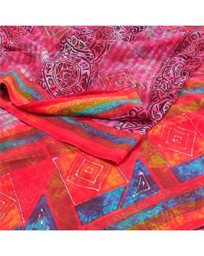 Sanskriti Vintage Red Indian Tie-Dye Sarees Pure Crepe Silk Sari Craft Fabric, PRC-16437-Red-Printed Floral Design-Pure Crepe Silk-2