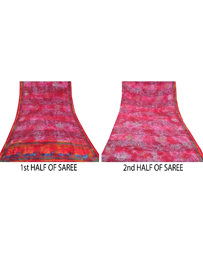 Sanskriti Vintage Red Indian Tie-Dye Sarees Pure Crepe Silk Sari Craft Fabric, PRC-16437-Red-Printed Floral Design-Pure Crepe Silk-4