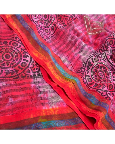 Sanskriti Vintage Red Indian Tie-Dye Sarees Pure Crepe Silk Sari Craft Fabric, PRC-16437-Red-Printed Floral Design-Pure Crepe Silk-5
