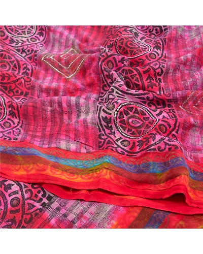Sanskriti Vintage Red Indian Tie-Dye Sarees Pure Crepe Silk Sari Craft Fabric, PRC-16437-Red-Printed Floral Design-Pure Crepe Silk-6