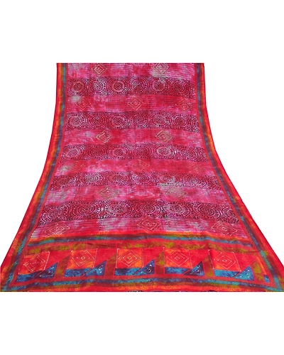 Sanskriti Vintage Red Indian Tie-Dye Sarees Pure Crepe Silk Sari Craft Fabric, PRC-16437-Red-Printed Floral Design-Pure Crepe Silk-8