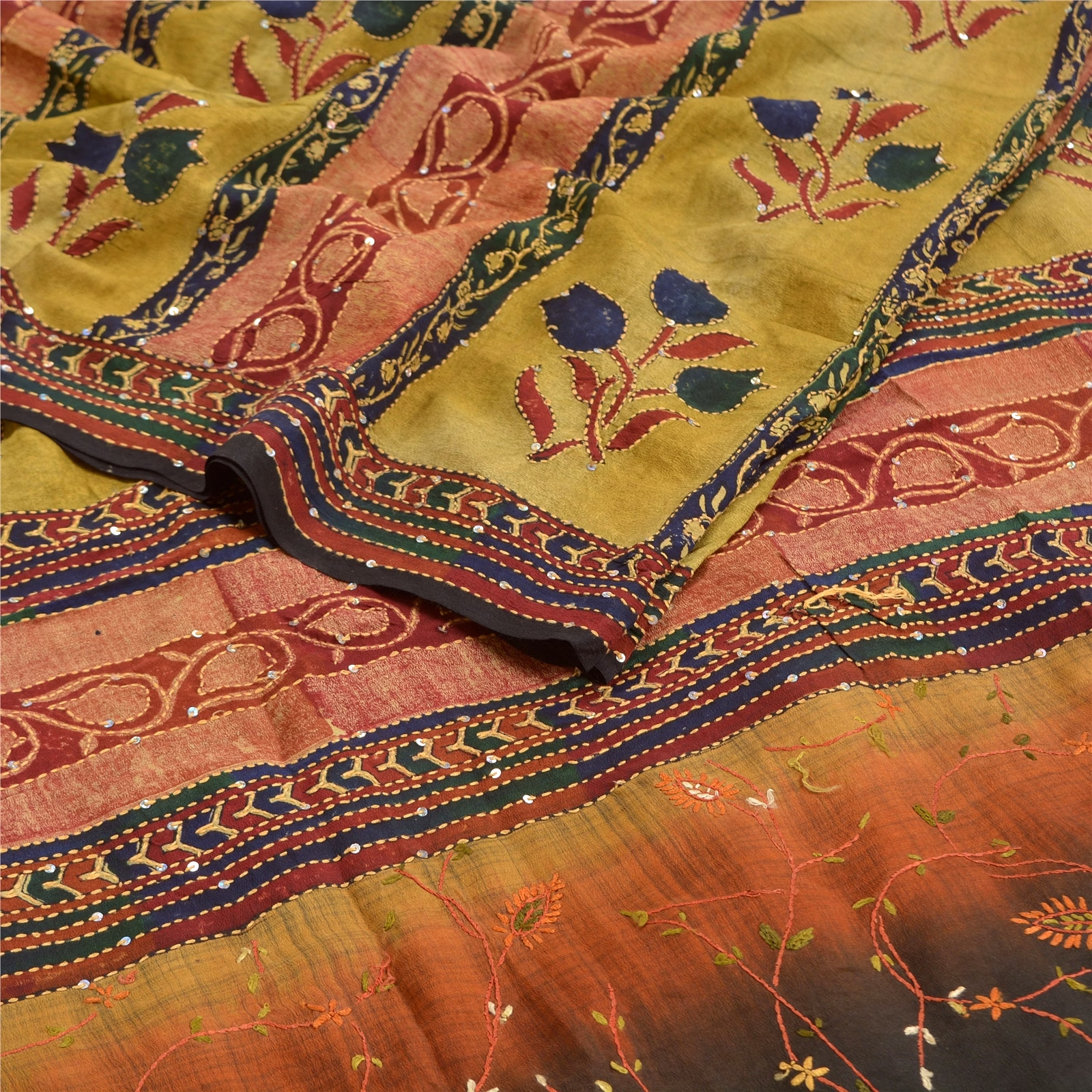Sanskriti Vintage Multi Handmade Kantha Sarees Pure Crepe Silk Sari Craft Fabric, PRC-16443 image 1