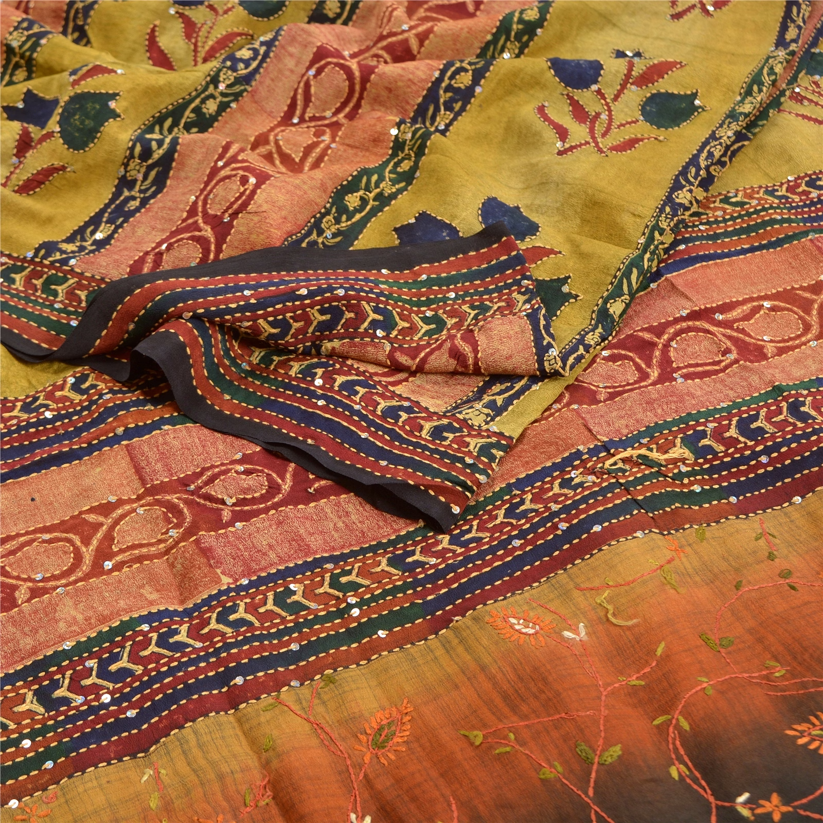 Sanskriti Vintage Multi Handmade Kantha Sarees Pure Crepe Silk Sari Craft Fabric, PRC-16443 image 2