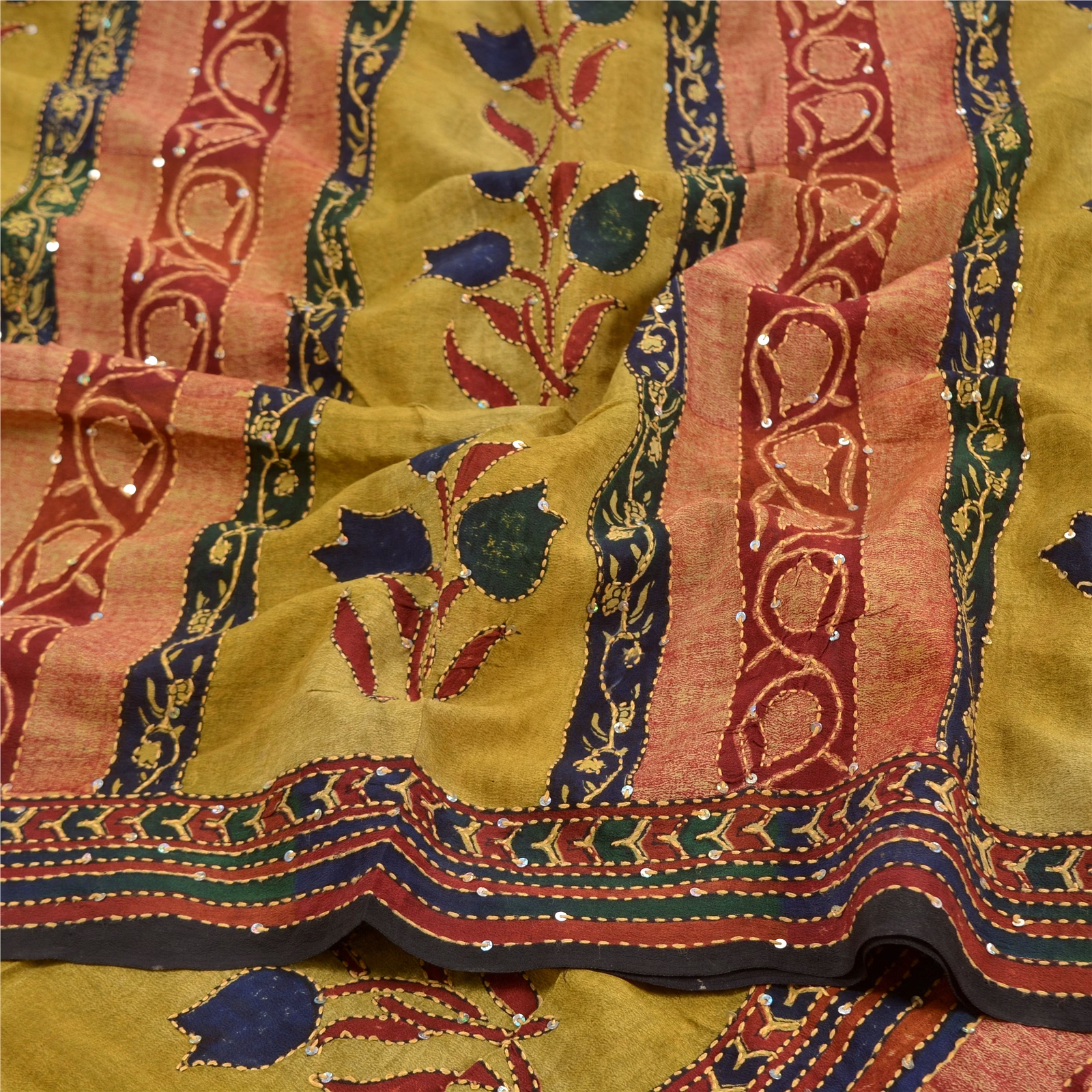 Sanskriti Vintage Multi Handmade Kantha Sarees Pure Crepe Silk Sari Craft Fabric, PRC-16443 image 6