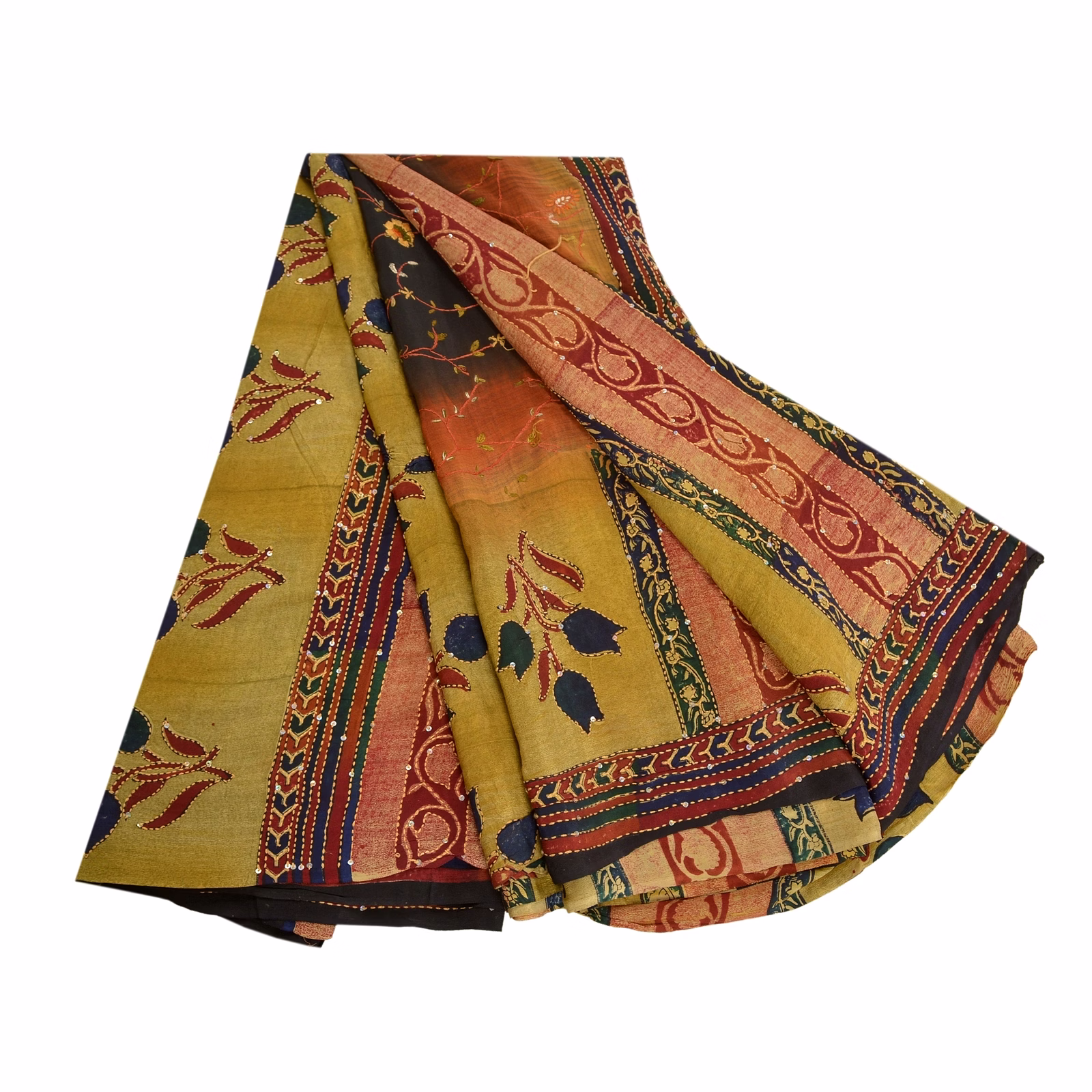 Sanskriti Vintage Multi Handmade Kantha Sarees Pure Crepe Silk Sari Craft Fabric, PRC-16443 image 7