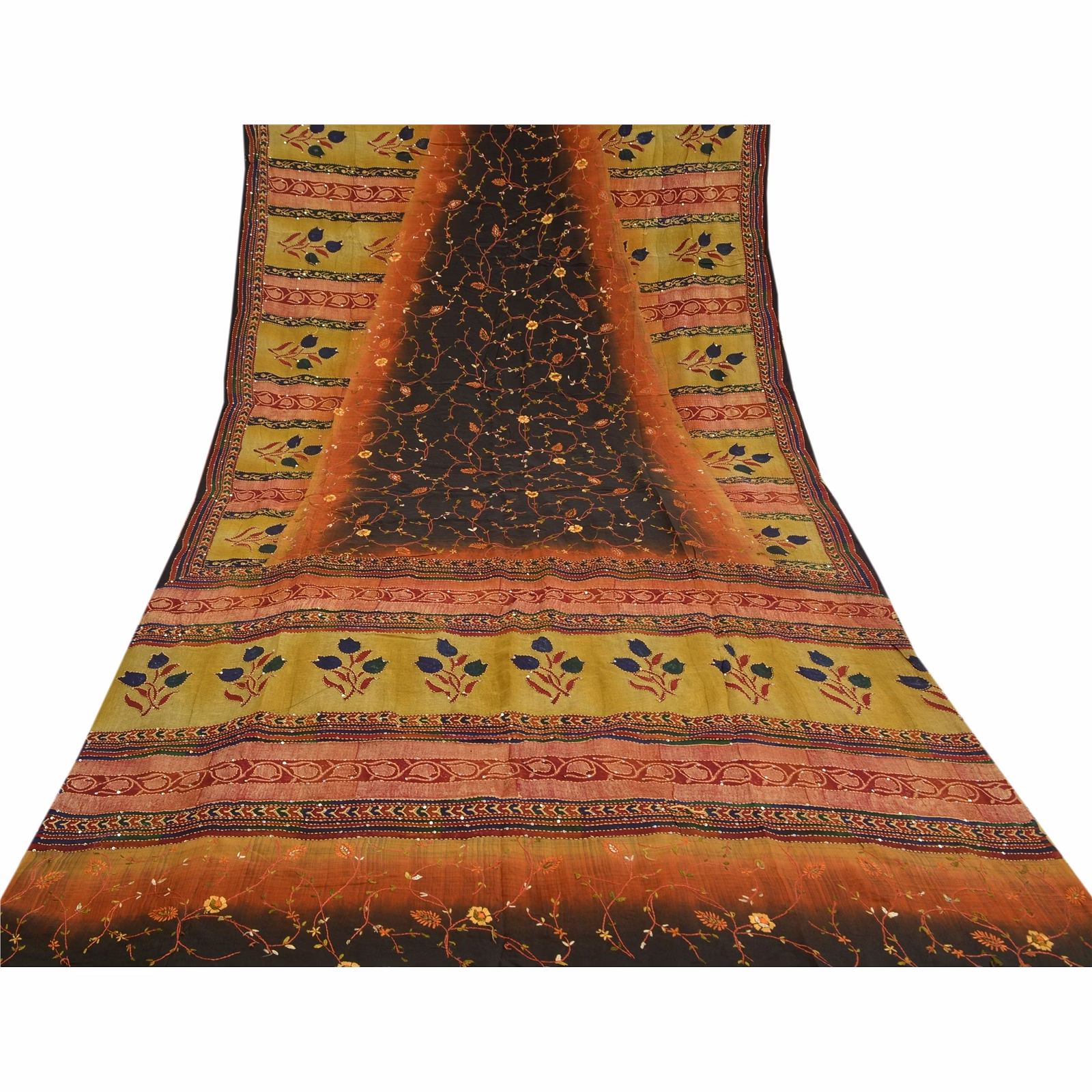 Sanskriti Vintage Multi Handmade Kantha Sarees Pure Crepe Silk Sari Craft Fabric, PRC-16443 image 8