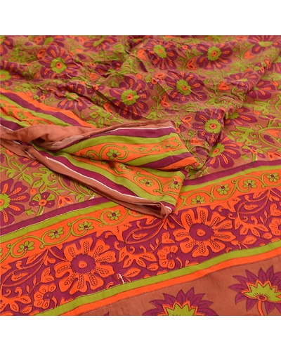 Sanskriti Vintage Multi Sarees 100% Pure Crepe Silk Printed Sari Craft Fabric, PRC-16445-Multi-Printed Floral Design-Pure Crepe Silk-1