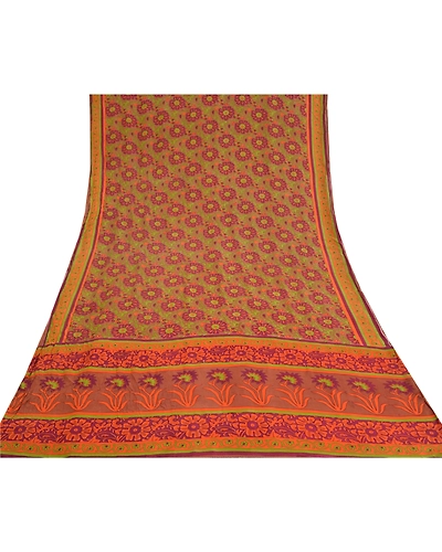 Sanskriti Vintage Multi Sarees 100% Pure Crepe Silk Printed Sari Craft Fabric, PRC-16445-Multi-Printed Floral Design-Pure Crepe Silk-8