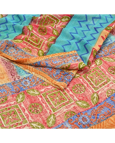 Sanskriti Vintage Multi Sarees Pure Crepe Silk Woven Printed Sari Craft Fabric, PRC-16452-Multi-Printed Floral Design-Pure Crepe Silk-1