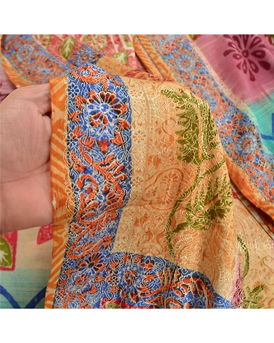 Sanskriti Vintage Multi Sarees Pure Crepe Silk Woven Printed Sari Craft Fabric, PRC-16452-Multi-Printed Floral Design-Pure Crepe Silk-3