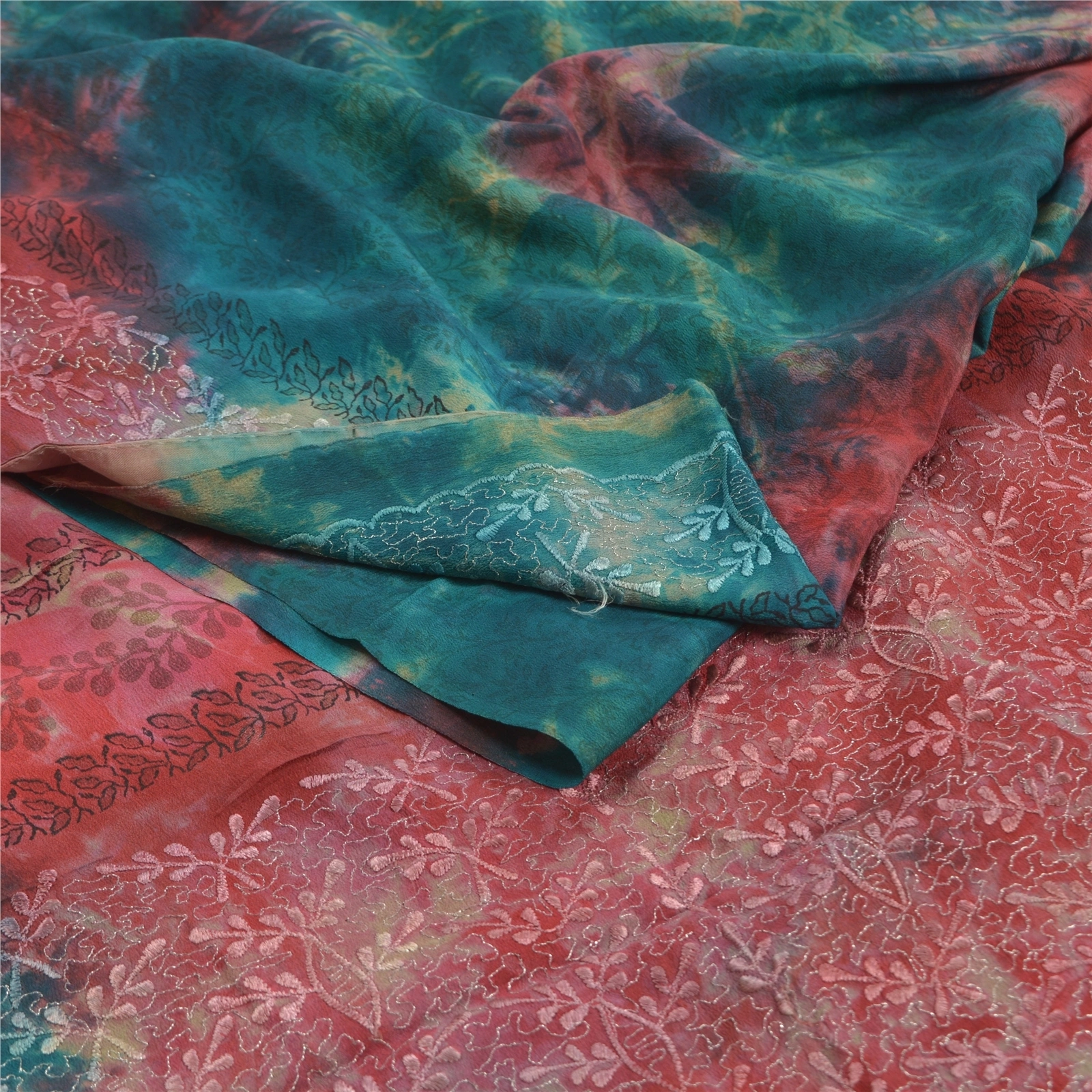 Sanskriti Vintage Red Tie-Dye Embroidered Sarees Pure Crepe Silk Sari 5Yd Fabric, PRC-16459-Red-Printed Floral Design-Pure Crepe Silk-1