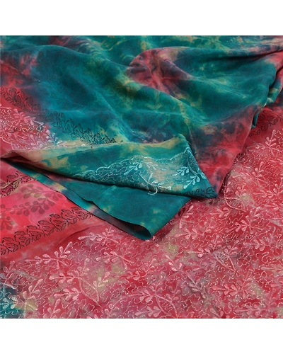 Sanskriti Vintage Red Tie-Dye Embroidered Sarees Pure Crepe Silk Sari 5Yd Fabric, PRC-16459-Red-Printed Floral Design-Pure Crepe Silk-1
