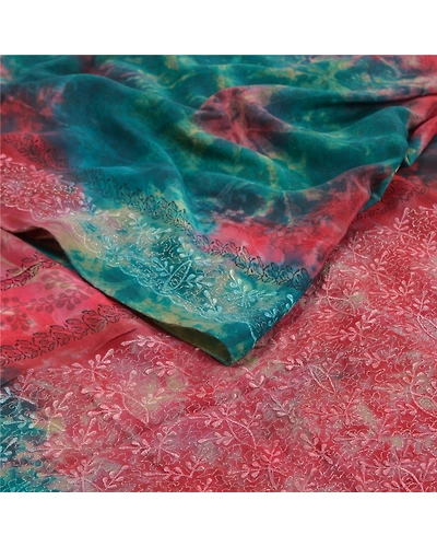 Sanskriti Vintage Red Tie-Dye Embroidered Sarees Pure Crepe Silk Sari 5Yd Fabric, PRC-16459-Red-Printed Floral Design-Pure Crepe Silk-2