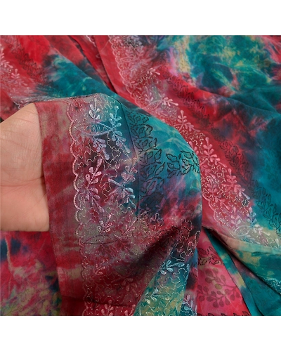 Sanskriti Vintage Red Tie-Dye Embroidered Sarees Pure Crepe Silk Sari 5Yd Fabric, PRC-16459-Red-Printed Floral Design-Pure Crepe Silk-3
