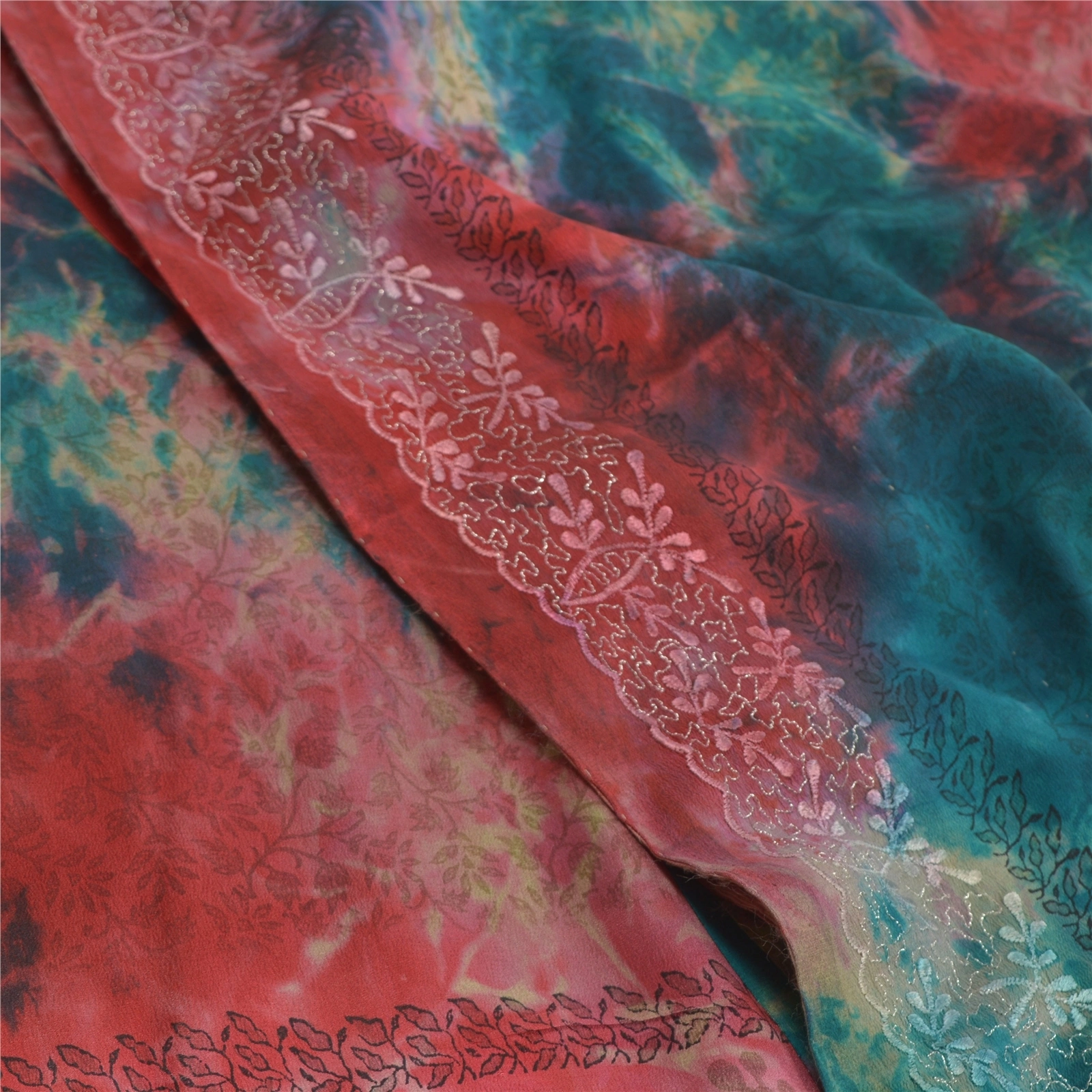 Sanskriti Vintage Red Tie-Dye Embroidered Sarees Pure Crepe Silk Sari 5Yd Fabric, PRC-16459-Red-Printed Floral Design-Pure Crepe Silk-5