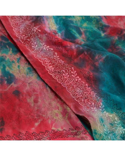 Sanskriti Vintage Red Tie-Dye Embroidered Sarees Pure Crepe Silk Sari 5Yd Fabric, PRC-16459-Red-Printed Floral Design-Pure Crepe Silk-5