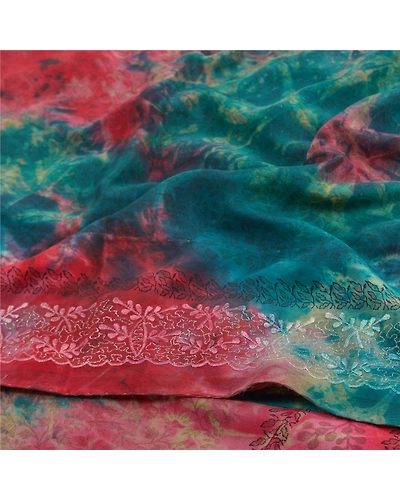 Sanskriti Vintage Red Tie-Dye Embroidered Sarees Pure Crepe Silk Sari 5Yd Fabric, PRC-16459-Red-Printed Floral Design-Pure Crepe Silk-6